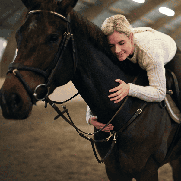 Mindful horseback riding session at LNK Performance Horses in Bloomingdale, Georgia, where riders connect with their horses through stillness and reflection.